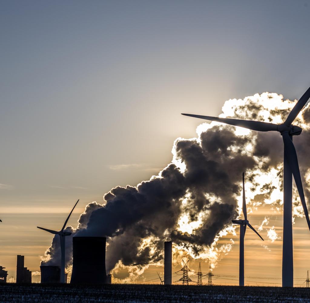 Wind turbines and coal-fired power plant, energy transition, renewable and fossil energy, Niederaussem, North Rhine-Westphalia, Germany