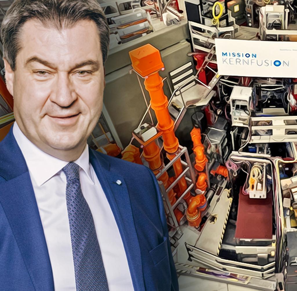 Bayerns Ministerpräsident Markus Söder (CSU); im Hintergrund die Kernfusions-Forschungsanlage ASDEX Upgrade des Max-Planck-Instituts in Garching